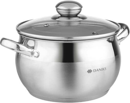 Daniks Classic 3 Quart Stainless Steel Stock Pot with Glass Lid, Tri-Ply Bottom for Even Heating, Induction Compatible, Dishwasher Safe