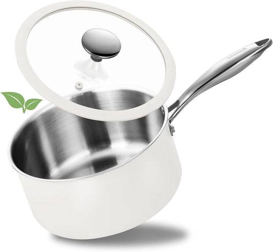 SAKAMOSH 3 Quart Tri-ply Stainless Steel Saucepan with Glass Lid, Induction Sauce Pan Compatible with All Cooktops, Non-Toxic Sauce Pot with Stay Cool Handle, Oven & Dishwasher Safe