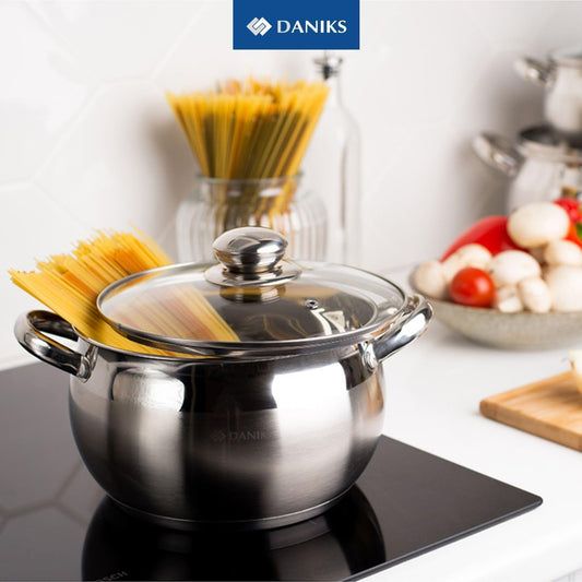 Daniks Classic 3 Quart Stainless Steel Stock Pot with Glass Lid, Tri-Ply Bottom for Even Heating, Induction Compatible, Dishwasher Safe