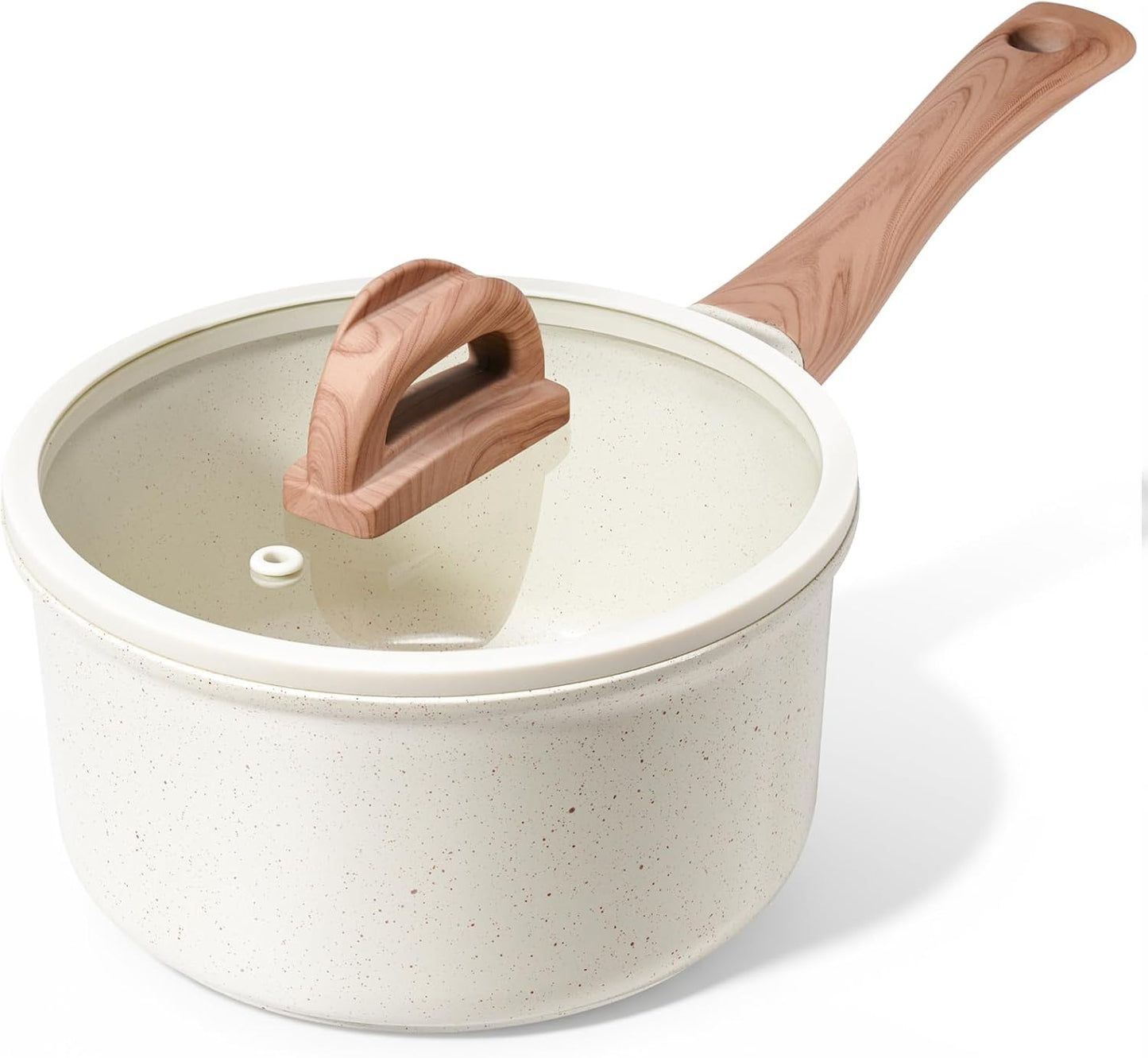 Ceramic Nonstick Saucepan with Lid, 2.0 QT Small Non Stick Stock Pot with Stay-cool Handle, Induction Compatible Cooking Pot White Granite Coating Easy to Clean Non-toxic Kitchen Cookware