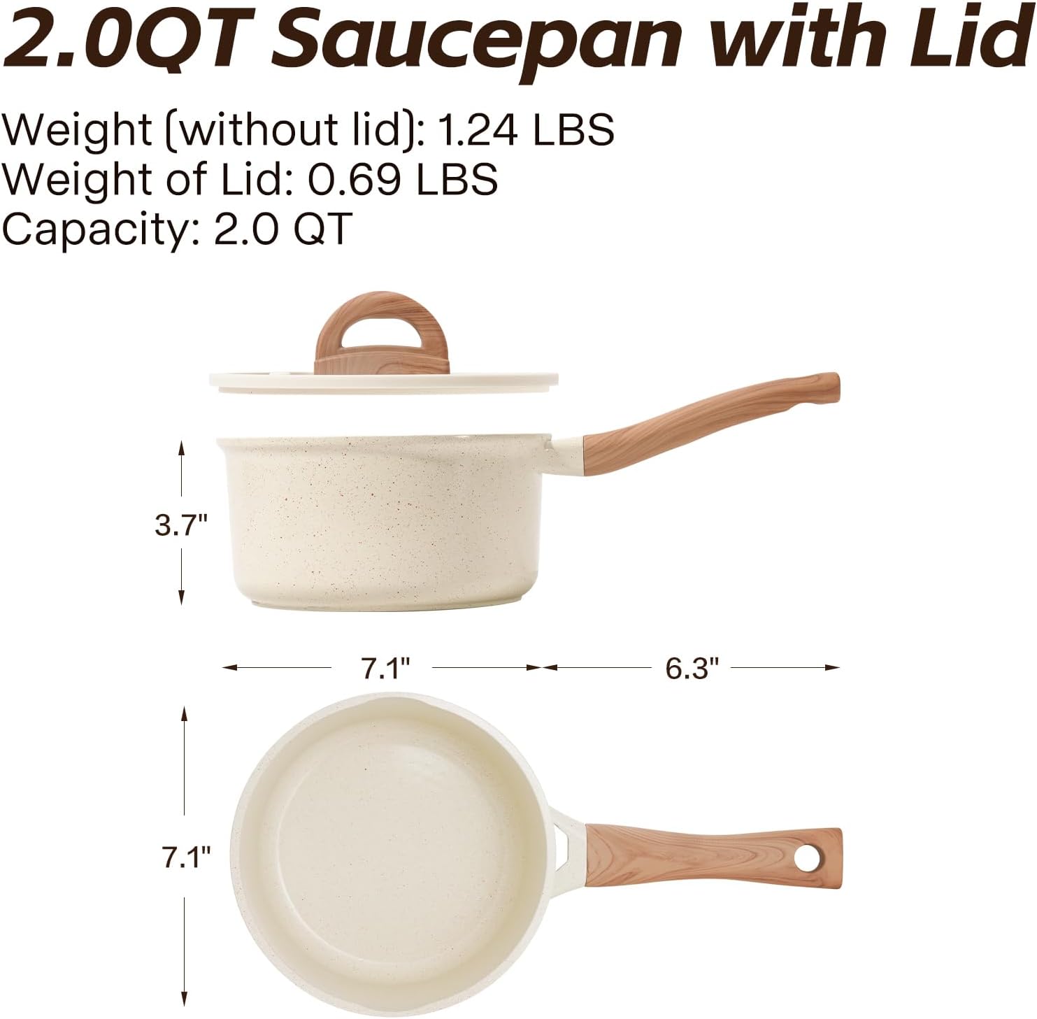 Ceramic Nonstick Saucepan with Lid, 2.0 QT Small Non Stick Stock Pot with Stay-cool Handle, Induction Compatible Cooking Pot White Granite Coating Easy to Clean Non-toxic Kitchen Cookware