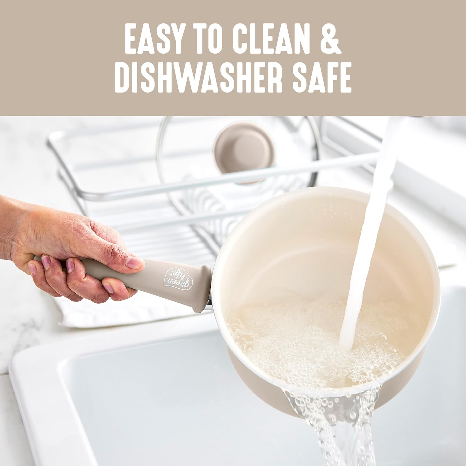 GreenLife 2.5QT Nonstick Saucepan with Glass Lid, Soft Grip, PFAS-Free Ceramic, Multipurpose Chef Pan, Milk & Sauce Cooking Pot, Dishwasher & Oven Safe to 350˚F, Stay-Cool Handle, Taupe