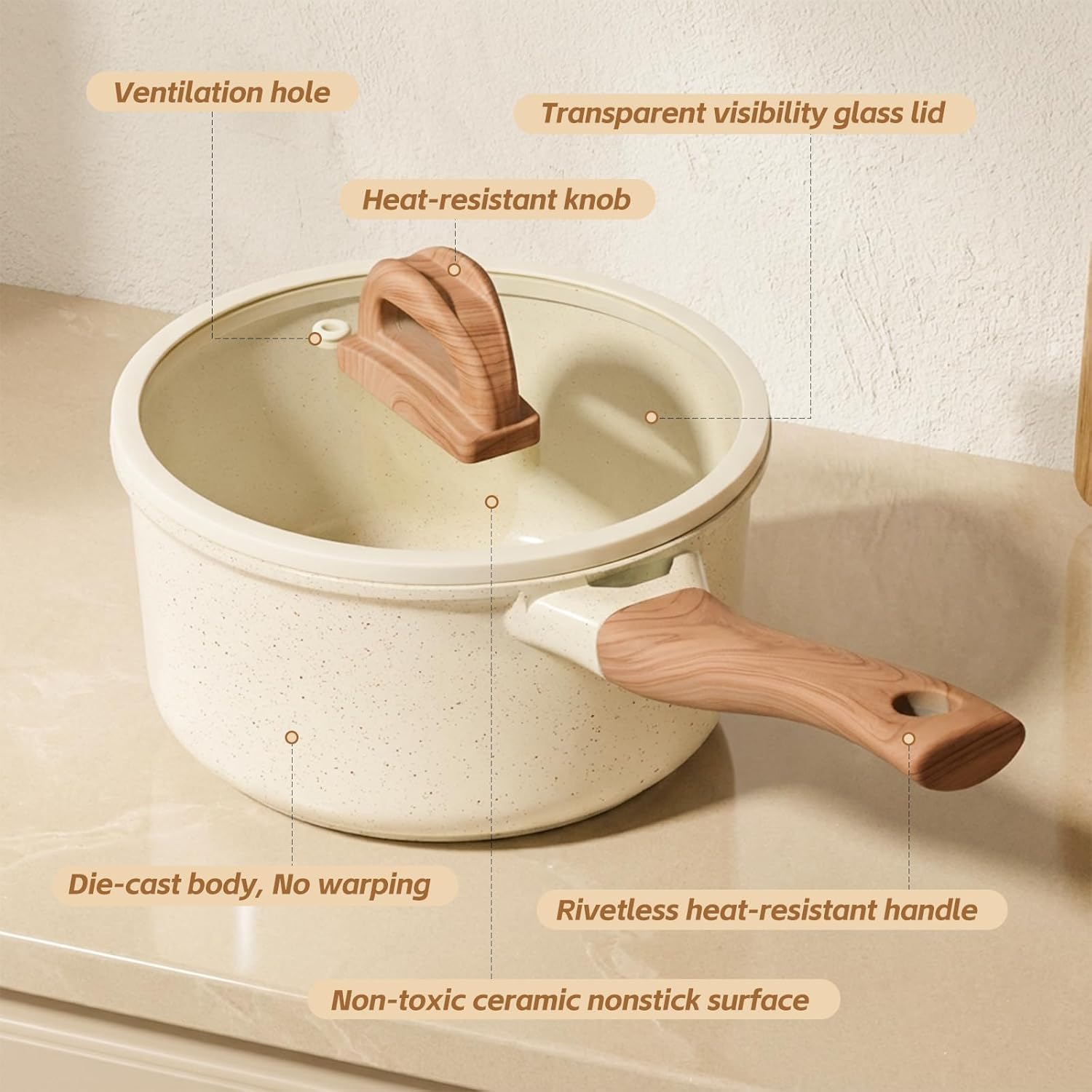 Ceramic Nonstick Saucepan with Lid, 2.0 QT Small Non Stick Stock Pot with Stay-cool Handle, Induction Compatible Cooking Pot White Granite Coating Easy to Clean Non-toxic Kitchen Cookware