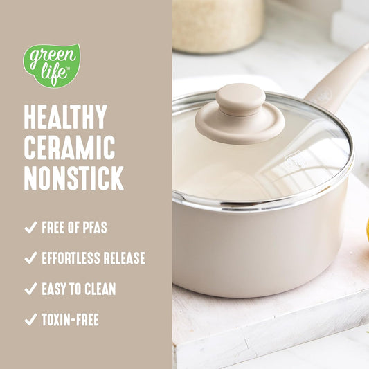 GreenLife 2.5QT Nonstick Saucepan with Glass Lid, Soft Grip, PFAS-Free Ceramic, Multipurpose Chef Pan, Milk & Sauce Cooking Pot, Dishwasher & Oven Safe to 350˚F, Stay-Cool Handle, Taupe