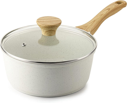 SENSARTE White Ceramic Nonstick Saucepan with Lid 1.5 Quarts, Small Cooking Pot with Stay Cool Handle, Induction Compatible Saucepot, White Granite Coating, Free of Intentionally Added PTFE/PFOA/PFAS