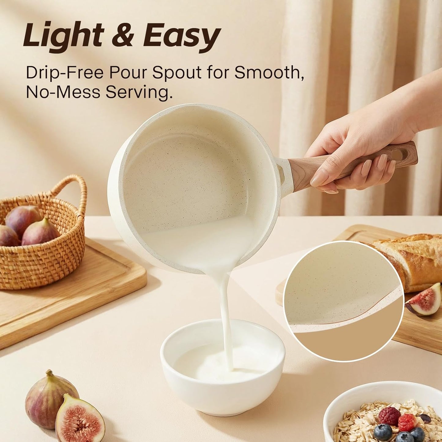 Ceramic Nonstick Saucepan with Lid, 2.0 QT Small Non Stick Stock Pot with Stay-cool Handle, Induction Compatible Cooking Pot White Granite Coating Easy to Clean Non-toxic Kitchen Cookware