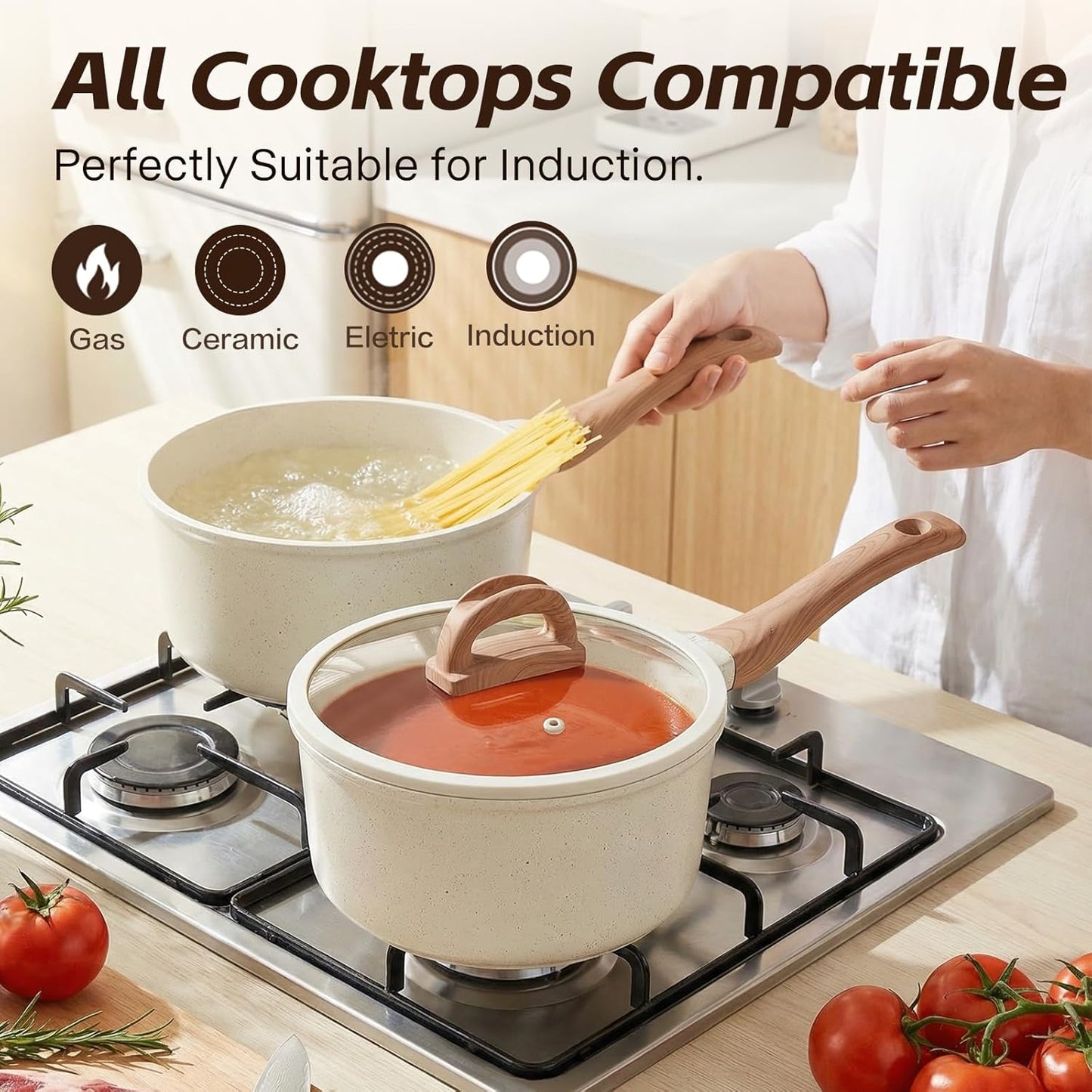 Ceramic Nonstick Saucepan with Lid, 2.0 QT Small Non Stick Stock Pot with Stay-cool Handle, Induction Compatible Cooking Pot White Granite Coating Easy to Clean Non-toxic Kitchen Cookware