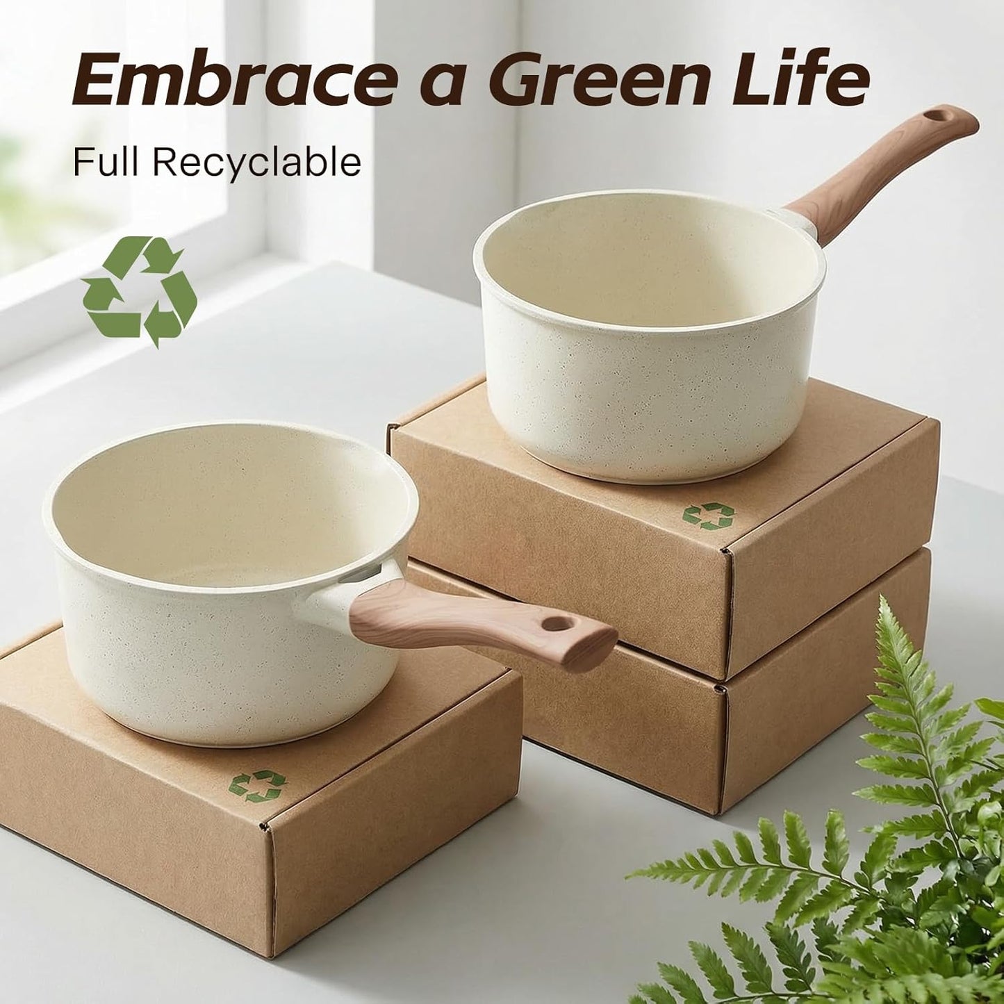 Ceramic Nonstick Saucepan with Lid, 2.0 QT Small Non Stick Stock Pot with Stay-cool Handle, Induction Compatible Cooking Pot White Granite Coating Easy to Clean Non-toxic Kitchen Cookware