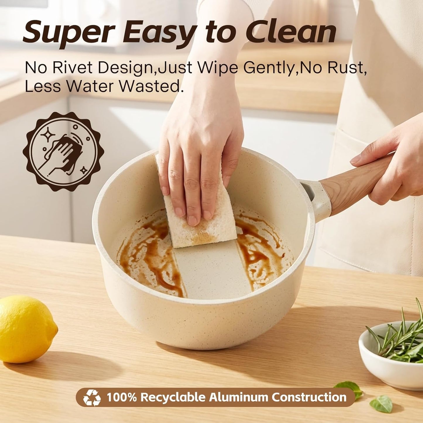 Ceramic Nonstick Saucepan with Lid, 2.0 QT Small Non Stick Stock Pot with Stay-cool Handle, Induction Compatible Cooking Pot White Granite Coating Easy to Clean Non-toxic Kitchen Cookware