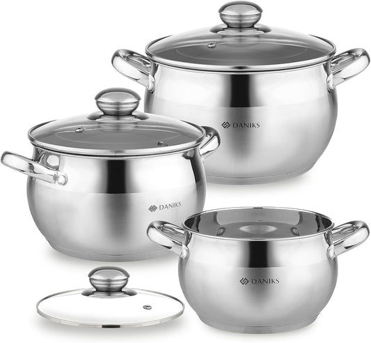 Daniks Classic 6-Piece Stainless Steel Cookware Set with Glass Lids, Tri-Ply Bases for Even Heating, Induction Compatible, Dishwasher Safe