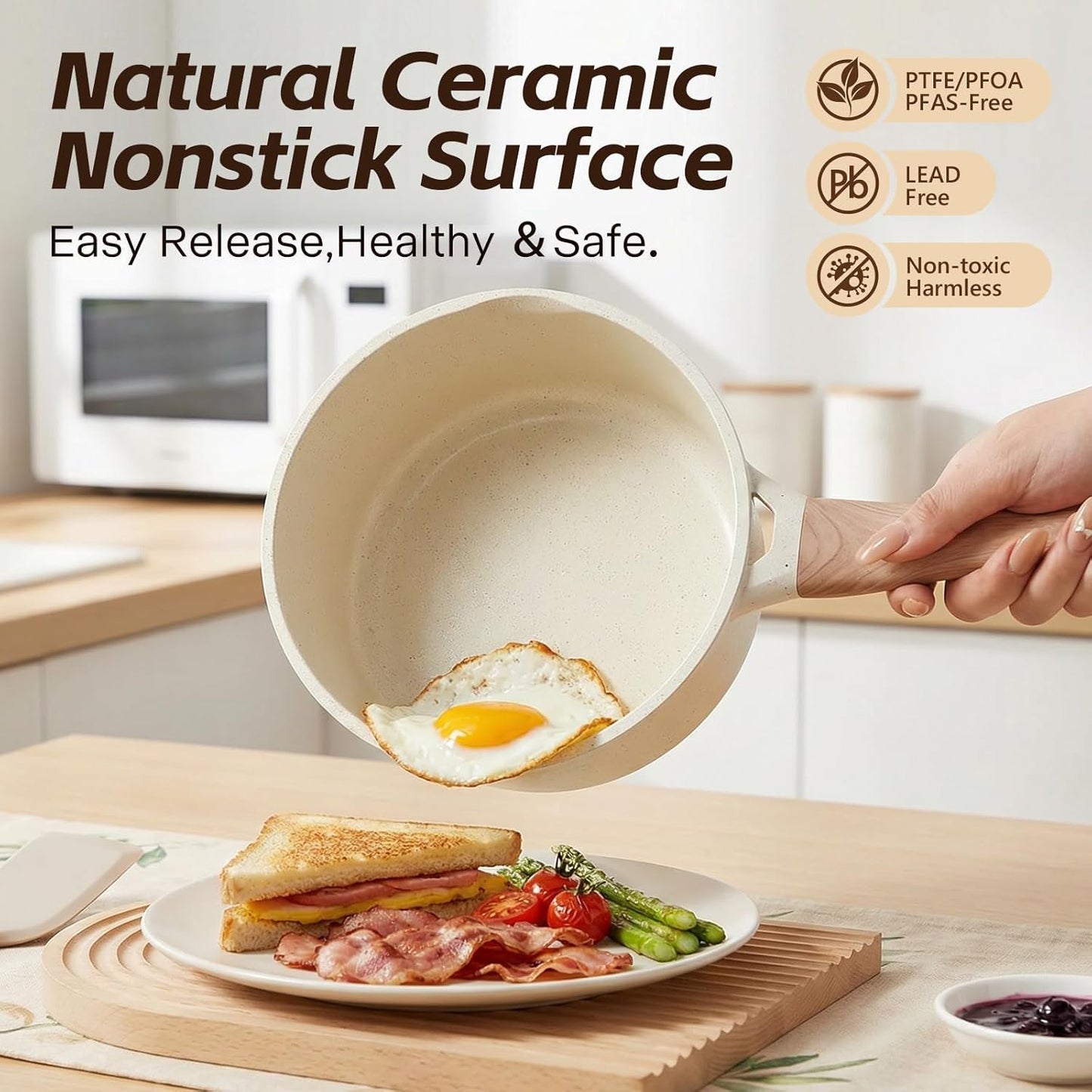 Ceramic Nonstick Saucepan with Lid, 2.0 QT Small Non Stick Stock Pot with Stay-cool Handle, Induction Compatible Cooking Pot White Granite Coating Easy to Clean Non-toxic Kitchen Cookware