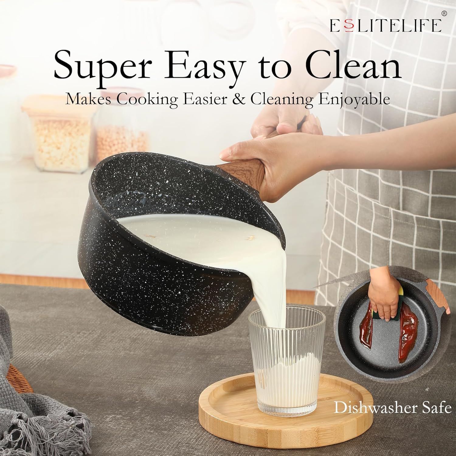 ESLITE LIFE Nonstick Sauce Pan with Lid, 1.5 QT Small Soup Pot Compatible with All Stovetops (Gas, Electric & Induction), PFOA Free, Black