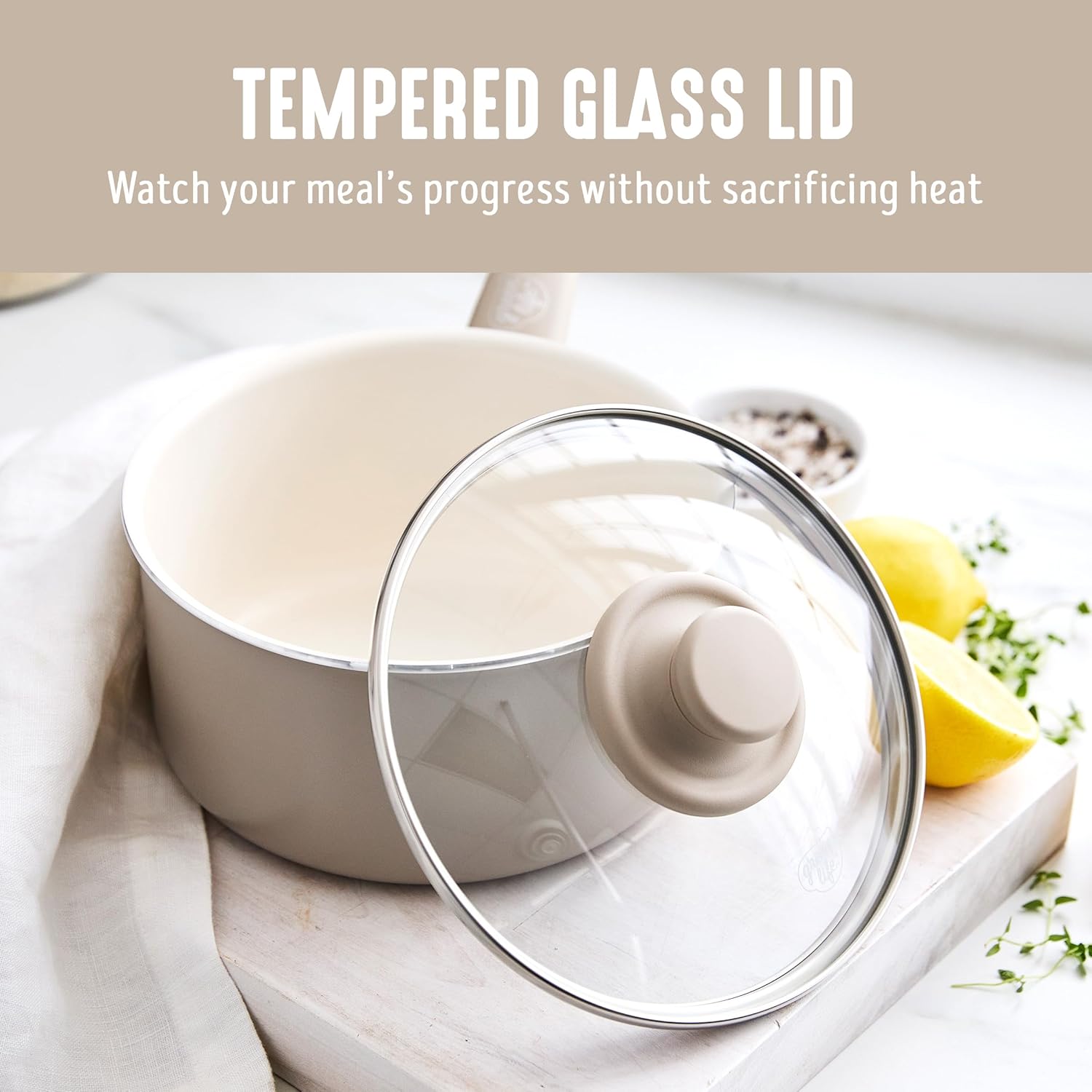 GreenLife 2.5QT Nonstick Saucepan with Glass Lid, Soft Grip, PFAS-Free Ceramic, Multipurpose Chef Pan, Milk & Sauce Cooking Pot, Dishwasher & Oven Safe to 350˚F, Stay-Cool Handle, Taupe